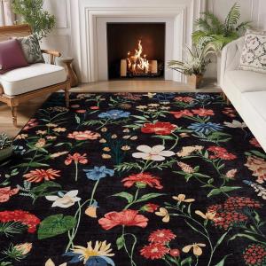 Garvee 8×10 Floral Area Rugs Washable, Non Slip Low Pile Boho Indoor Rug, Soft Vintage Carpet for Living Room, Bedroom, Dining Room, Light Green(Black)