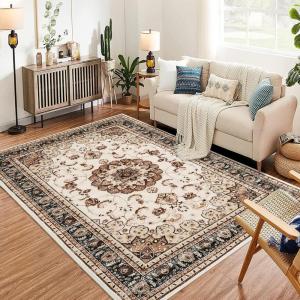 Garvee 8×10 ft Boho Vintage Area Rug, Machine Washable Gray Medallion Rug with Non-Slip Rubber Backing, Low Pile Soft Carpet for Living Room Bedroom Dining Room Kitchen, Pet Friendly(Gray)(Brown)