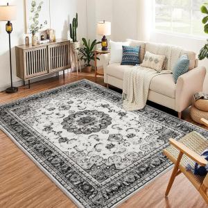 Garvee 8×10 ft Boho Vintage Area Rug, Machine Washable Gray Medallion Rug with Non-Slip Rubber Backing, Low Pile Soft Carpet for Living Room Bedroom Dining Room Kitchen, Pet Friendly(Gray)(Grey White)