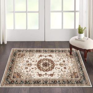 Garvee 8×10 ft Boho Vintage Area Rug, Machine Washable Gray Medallion Rug with Non-Slip Rubber Backing, Low Pile Soft Carpet for Living Room Bedroom Dining Room Kitchen, Pet Friendly(Gray)(Beige)