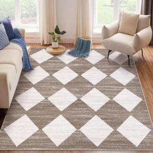 Garvee 9×12 Area Rug Washable Black Rug for Living Room Dining Room Low Pile Neutral Area Rugs Modern Geometric Checkered Rugs Low Pile Bedroom Area Rug(Checkered|brown)