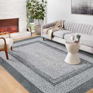 Garvee 9×12 Living Room Rug Large Washable Braided Rug Non Slip Accent Carpet Braided Print Carpet Indoor Rustic Area Rug Border Carpet for Bedroom Home Decor (Grey)