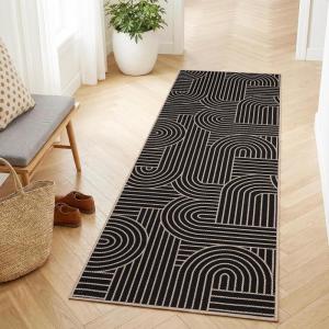 Garvee Arch Striped Living Room Rugs 5×7 Indoor Outdoor Easy Jute Rugs with Non Slip Backing, Stain Resistant Non Shedding Carpet Foldable Thin Neutral Mats for Entryway Dining Room Patio, Black/Brown(Striped|black)