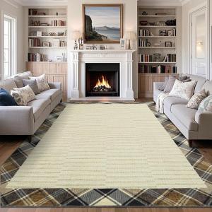 Garvee Extra-Large Machine Washable Area Rugs 10×13 Modern Plaid Bordered Living Room Rug with Anti-Skid Rubber Backing, Non-Shedding Low Pile Indoor Carpet for Bedroom Dining Room, Beige