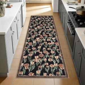Garvee Floral 8×10 Living Room Bedroom Rugs, Washable Non-Slip Vintage Retro Accent Dining Room Rug, Soft Low-Pile Indoor Farmhouse Decorative Rugs for Home Office Girls Room, Pink(Tulip|black)