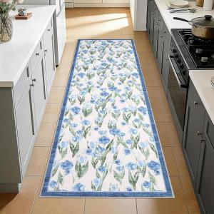 Garvee Floral 8×10 Living Room Bedroom Rugs, Washable Non-Slip Vintage Retro Accent Dining Room Rug, Soft Low-Pile Indoor Farmhouse Decorative Rugs for Home Office Girls Room, Pink(Tulip|blue)