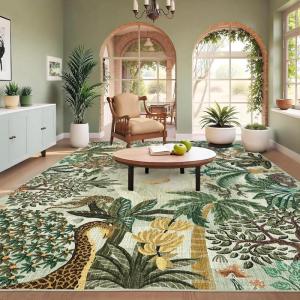 Garvee Jungle Green 8×10 Washable Rugs for Living Room Soft Non Slip Animal Print Bedroom Rugs Large Stain Resistant Botanical Forest Carpet for Kids Play Room Nursery Room Dining Room Decor(Moon Jungle/Green)