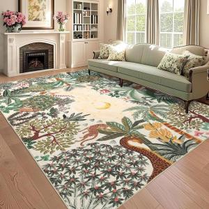 Garvee Jungle Green 8×10 Washable Rugs for Living Room Soft Non Slip Animal Print Bedroom Rugs Large Stain Resistant Botanical Forest Carpet for Kids Play Room Nursery Room Dining Room Decor(Moon Jungle/Taupe)