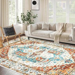 Garvee Oriental Washable Rugs Ultra-Thin Non-Slip Soft Vintage Throw Carpet for Bedroom, Living Room, Dining Room, and Office, Stain Resistant and Durable. Red(Red)