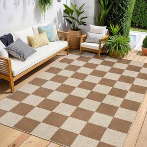 Garvee Outdoor Rug 6×9 Living Room Rugs Woven Easy Jute Rug for Dining Room Modern Checkered Bedroom Area Rug Indoor Outdoor Carpet Brown Rug