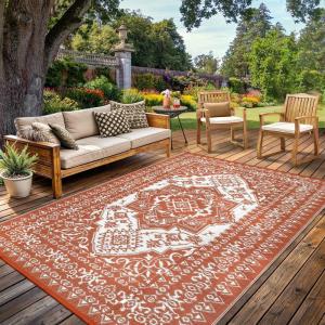 Garvee Outdoor Rugs 9×12 Waterproof Portable for Patio, Reversible Outdoor Plastic Straw Rug for Camping, RV Mat Modern Plaid Outdoor Rugs for Porch, Deck, Backyard, Balcony, Brick Red & White