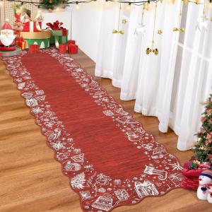 Garvee Red Christmas Runner Rug for Hallway 2×6 Non-Slip Kitchen Runner, Ultra-Soft Low Pile Scalloped Rug for Bedroom, Non-Shedding Thin Indoor Carpet for Laundry, Living Room(Christmas Border-red)