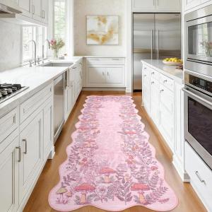 Garvee Scalloped Mushroom Rug 2’x6′ Hallway Runner, Cute Soft Floral Kitchen Rug, Non-Slip Farmhouse Washable Runner Rug for Entryway Bathroom Laundry Dorm Room, Brown(Scalloped Mushroom|pink)