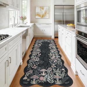Garvee Scalloped Mushroom Rug 2’x6′ Hallway Runner, Cute Soft Floral Kitchen Rug, Non-Slip Farmhouse Washable Runner Rug for Entryway Bathroom Laundry Dorm Room, Brown(Scalloped Mushroom|black)