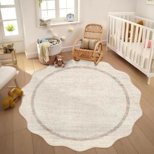 Garvee Scalloped Washable Round Rugs, Non-Slip Soft Round Rug 4ft Ultra-Thin, Small Boho Circle Carpet for Entryway Kitchen Bedroom Nursery Bathroom, Beige