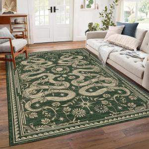 Garvee Snake 9×12 Area Rugs for Living Room Washable Non Slip Stain Resistant Thin Carpet Low Pile Lightweight Floor Cover for Bedroom Dining Room Office, Green(Snake/Green)