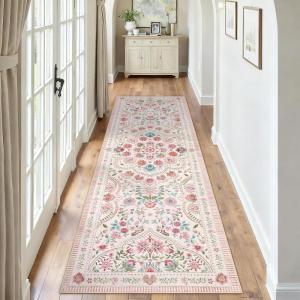 Garvee Washable Floral 5×7 Area Rugs for Living Room, Indoor Farmhouse Non Slip Girls Bedroom Rug, Ultra Soft Thin Large Carpet for Nursery Playroom, Stain Resistant Dining Room Rugs, Beige Pink(Floral|pink)