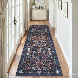 Garvee Washable Floral 5×7 Area Rugs for Living Room, Indoor Farmhouse Non Slip Girls Bedroom Rug, Ultra Soft Thin Large Carpet for Nursery Playroom, Stain Resistant Dining Room Rugs, Beige Pink(Floral|dark Blue)