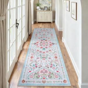 Garvee Washable Floral 5×7 Area Rugs for Living Room, Indoor Farmhouse Non Slip Girls Bedroom Rug, Ultra Soft Thin Large Carpet for Nursery Playroom, Stain Resistant Dining Room Rugs, Beige Pink(Floral|light Blue)