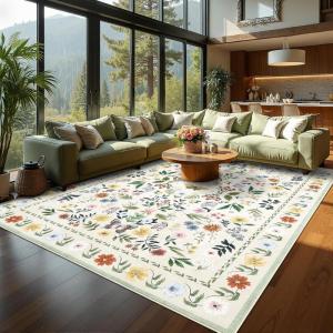 Garvee Washable Floral Rug 9x12ft Non Slip Living Room Rug, Area Rugs Vintage Distressed Soft Carpet for Bedroom, Dinning Room, Home Office(Beige/Multi)