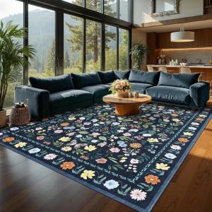 Garvee Washable Floral Rug 9x12ft Non Slip Living Room Rug, Area Rugs Vintage Distressed Soft Carpet for Bedroom, Dinning Room, Home Office(Blue)