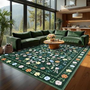 Garvee Washable Floral Rug 9x12ft Non Slip Living Room Rug, Area Rugs Vintage Distressed Soft Carpet for Bedroom, Dinning Room, Home Office(Green)