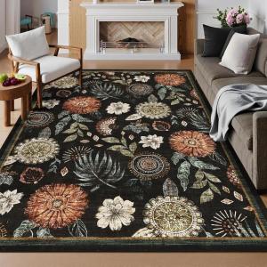 Garvee Washable Rug 8×10 Vintage Area Rug for Living Room Non Slip Boho Medal Throw Rugs Non Shedding Farmhouse Distressed Carpet Foldable Thin Retro Rug for Office Kid Nursery Playroom Blue Brown(Retro | Black)