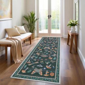 Garvee Washable Rug 8×10 Vintage Area Rug for Living Room Non Slip Boho Medal Throw Rugs Non Shedding Farmhouse Distressed Carpet Foldable Thin Retro Rug for Office Kid Nursery Playroom Blue Brown(Butterfly | Black)