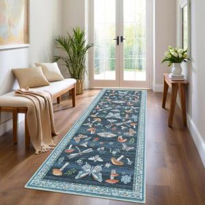 Garvee Washable Rug 8×10 Vintage Area Rug for Living Room Non Slip Boho Medal Throw Rugs Non Shedding Farmhouse Distressed Carpet Foldable Thin Retro Rug for Office Kid Nursery Playroom Blue Brown(Butterfly | Blue)