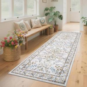 Garvee Washable Rug 8×10 Vintage Area Rug for Living Room Non Slip Boho Medal Throw Rugs Non Shedding Farmhouse Distressed Carpet Foldable Thin Retro Rug for Office Kid Nursery Playroom Blue Brown(Floral | Beige/Multi)