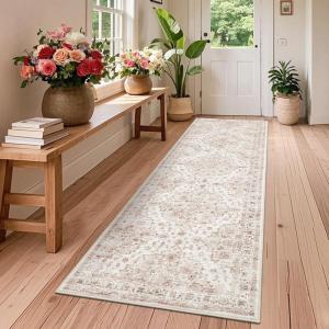 Garvee Washable Rug 8×10 Vintage Area Rug for Living Room Non Slip Boho Medal Throw Rugs Non Shedding Farmhouse Distressed Carpet Foldable Thin Retro Rug for Office Kid Nursery Playroom Blue Brown(Pink)
