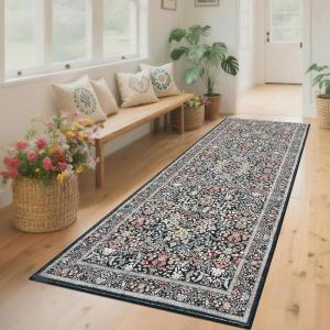 Garvee Washable Rug 8×10 Vintage Area Rug for Living Room Non Slip Boho Medal Throw Rugs Non Shedding Farmhouse Distressed Carpet Foldable Thin Retro Rug for Office Kid Nursery Playroom Blue Brown(Boho Floral | Black)