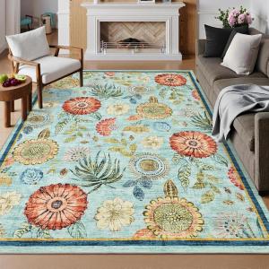 Garvee Washable Rug 8×10 Vintage Area Rug for Living Room Non Slip Boho Medal Throw Rugs Non Shedding Farmhouse Distressed Carpet Foldable Thin Retro Rug for Office Kid Nursery Playroom Blue Brown(Retro | Sky Blue)
