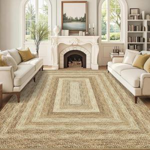 Garvee Washable Rug 9×12 Modern Bordered Area Rugs for Living Room Contemporary Rustic Soft Anti-Skid Folding Carpet Non-Shedding Indoor Floor Carpets for Bedroom Dining Room Home Office, Beige(Border-jute)