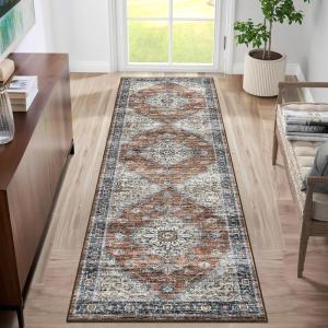 Garvee Washable Vintage Area Rug Distressed Floral Print Living Room Rugs Retro Accent Floorcover Mat Non Slip Low Pile Throw Carpet for Kitchen Dining Room Office Apartment(Red)