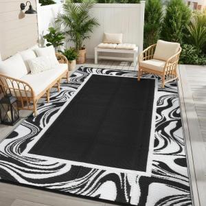 Outdoor Rug 5×8 Modern Bordered Patio Rug Foldable Plastic Straw Rugs Waterproof Abstract Reversible Large Outdoor Carpet for Patio, RV, Deck, Balcony, Backyard, Picnic, Beach, Clover,Black(Black White)