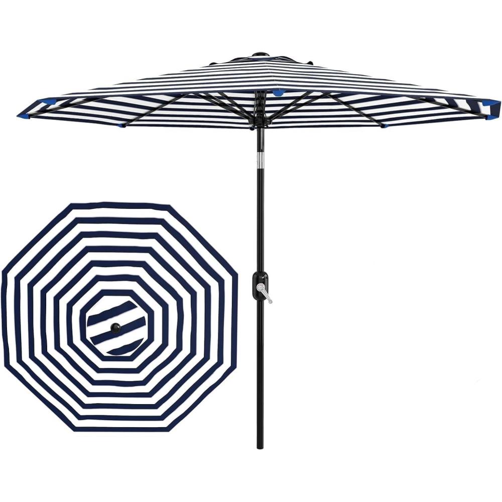 image:image9 ft Patio Umbrella  8 Sturdy Ribs Outdoor Table Umbrella with Crank Lift amp Push Button Tilt  Market Umbrella for Pool Deck Yard Garden Navy blue amp White StripeNavy blue  White Stripe