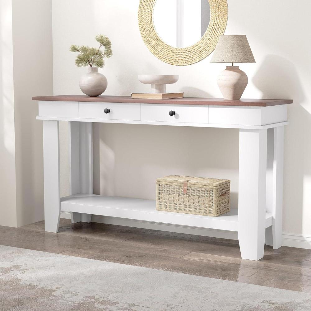 image:imageGarvee 54Inch Long Console Table with Drawers Wooden Rectangular Entryway Table wOpen Storage Shelf Sofa Table Behind Couch Farmhouse Entry Foyer Table for Entryway Hallway Living RoomBrown  White