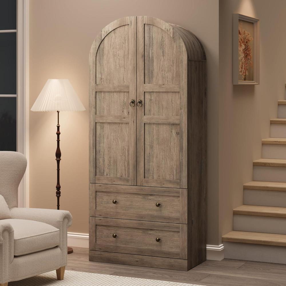 image:imageGarvee 72 Tall Dome Bookcase with Drawers 4Tier Wooden Bookshelf Storage Cabinet with Door Farmhouse Arched Cabinet with Storage Wood Arch Bookcase for Home Office Living Room WoodGrey