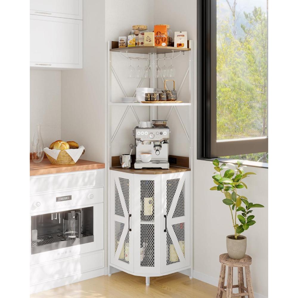 image:imageGarvee 72in Corner Wine Cabinet with Power Outlet Industrial Wine Cabinet wLED StripampGlass Holder 5Tiers Liquor Cabinets Bar for Home Small Space Display Cabinets for 12 Colors Mesh DoorWhite