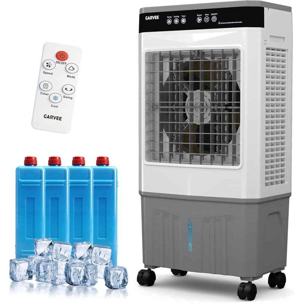 image:imageGarvee Air Cooler 3500 CFM Evaporative Air Cooler with 116Gal Water Tank 4 Ice Packs 3Speed 120 Oscillation Remote Control and 12H Timer 150W Portable Floor Standing Fan for Workshops Garage20L53GAL