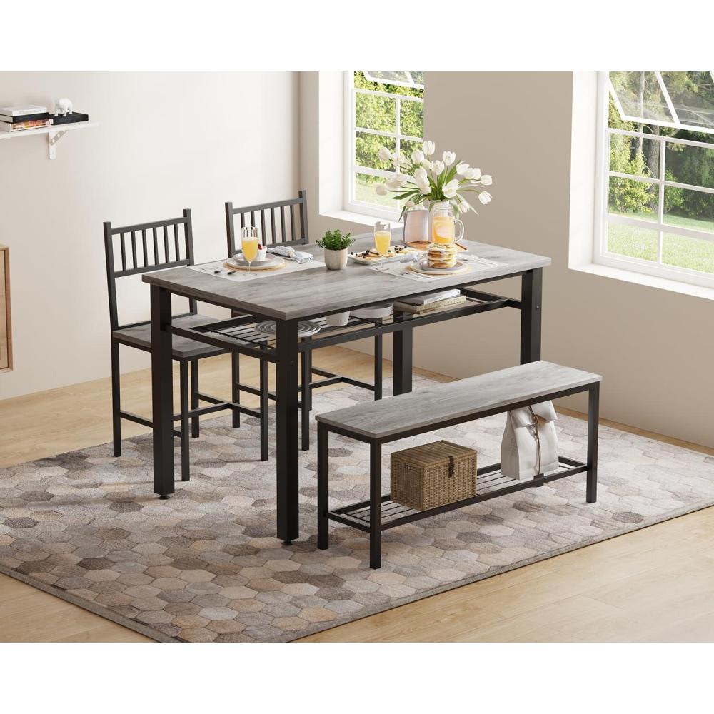 image:imageGarvee Farmhouse Kitchen Table Chairs Set for 447 Modern Dining Table for 4 with BenchampChairsStorage ShelfampMetal FrameSpaceSaving Design for Dining RoomKitchenApartment GrayGrey
