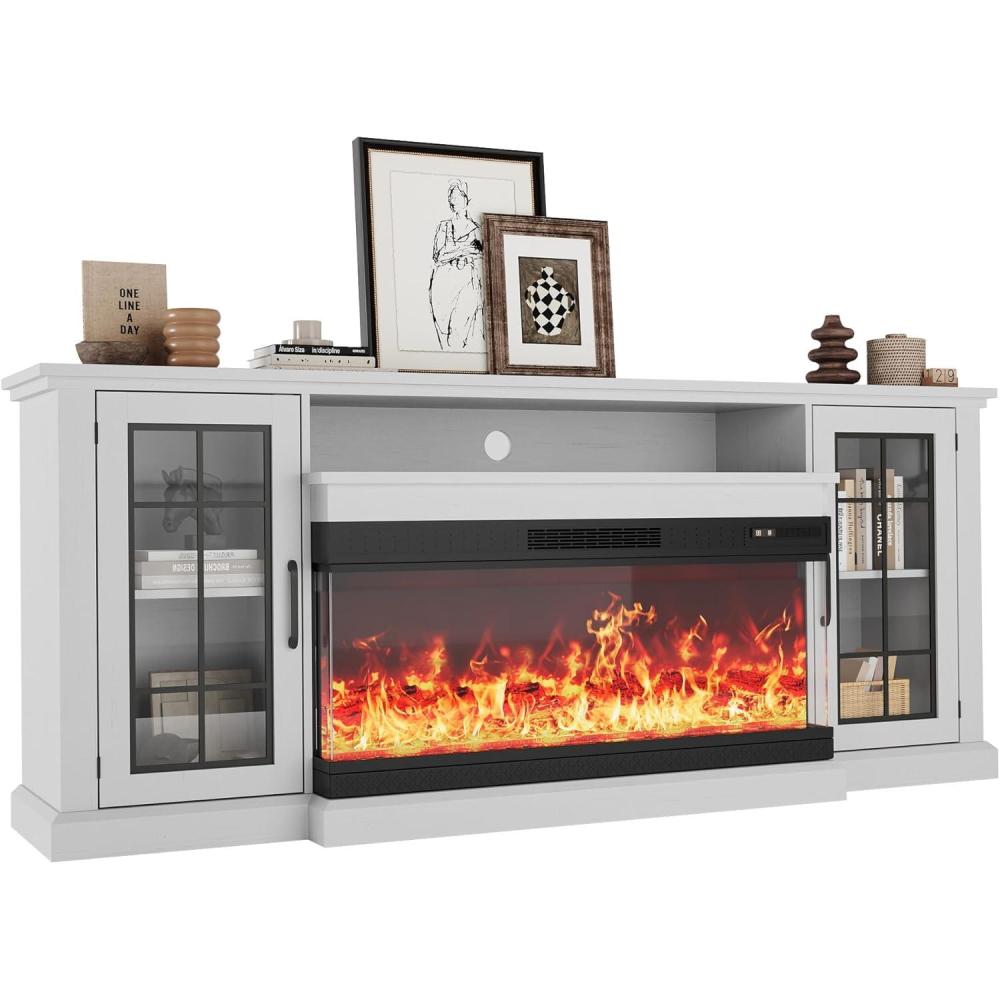 image:imageGarvee Fireplace TV Stand with 3Sided Glass amp Adjustable LED FlameGlass Doors amp Storage Shelves for TVsElectric Fireplace Modern Entertainment Center Console Table Cabnietfor TVs up to 857575 inch