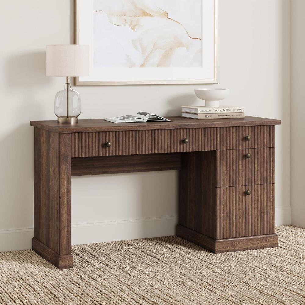 image:imageGarvee Fluted Home Office Desk Storage 54 in Modern Executive Desk with Charging Station Wooden Computer Writing Desk with File Cabinet amp Drawers for Study Living Room BedroomBurlywoodBrown