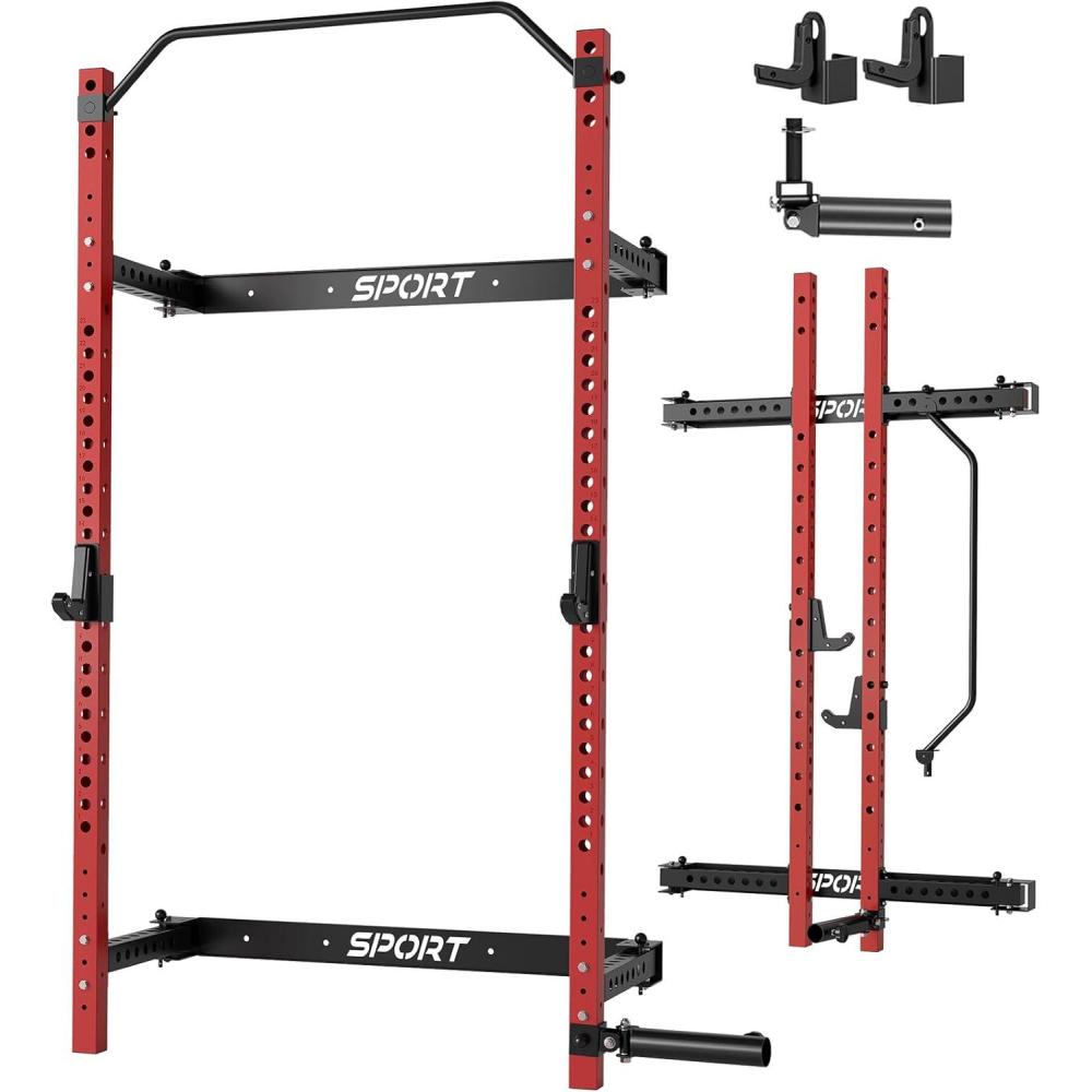 image:imageGarvee Folding Squat Rack for Home Gym 236 in x 236 in Wall Mounted Foldable Squat Rack with Pull Up Bar J Hooks and Landmine Attachments 1000 LBS Capacity Space Saving Weight Power Cage