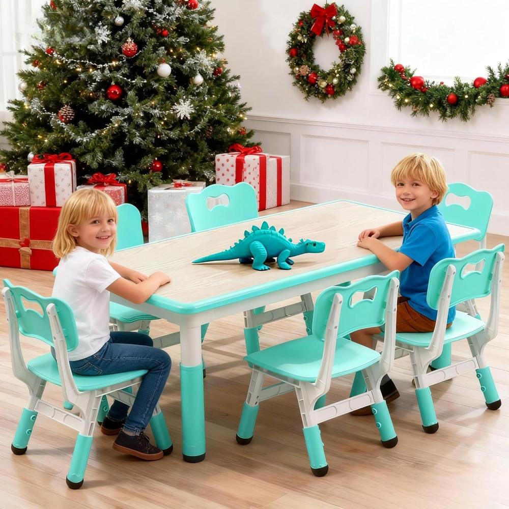 image:imageGarvee Kids Table and 6 Chair Set47 in Modern Height Adjustable Toddler Table and 6 Chairs Set with NonSlip Desk Legsamp Organizer Graffiti DesktopPreschool Activity Art Craft Tables for 6GrayTeal