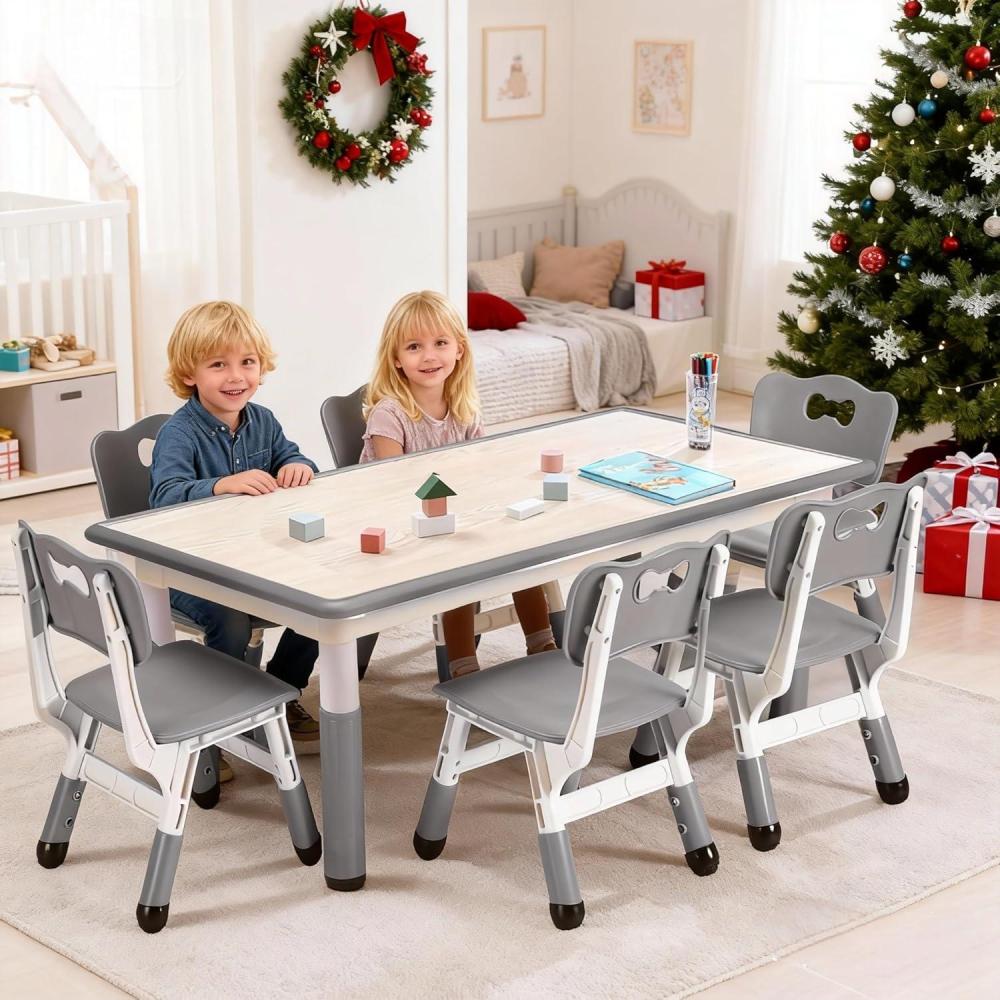 image:imageGarvee Kids Table and 6 Chair Set47 in Modern Height Adjustable Toddler Table and 6 Chairs Set with NonSlip Desk Legsamp Organizer Graffiti DesktopPreschool Activity Art Craft Tables for 6GrayGrey