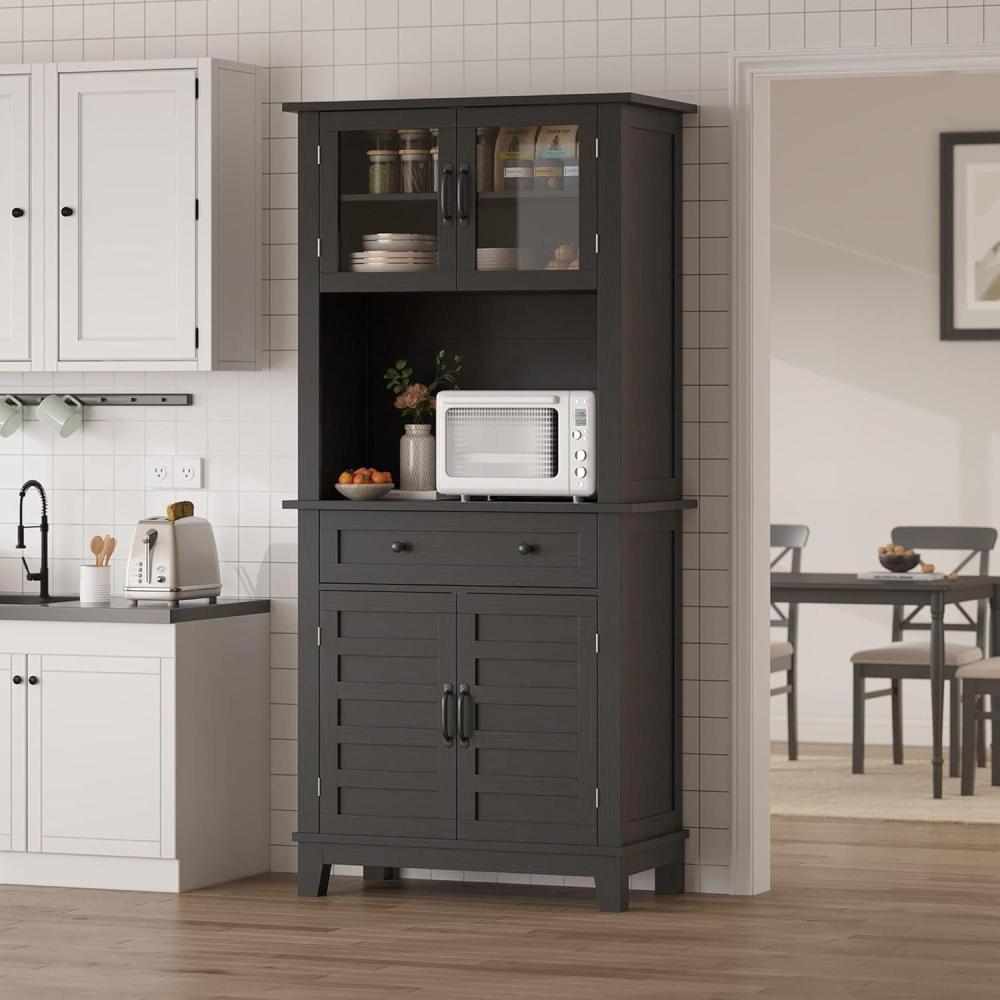 image:imageGarvee Kitchen Pantry 72 in Farmhouse Coffee Bar Table with Storage Drawers amp Glass Doors Stand Cabinet for Kitchen Dining Room BlackDark Black