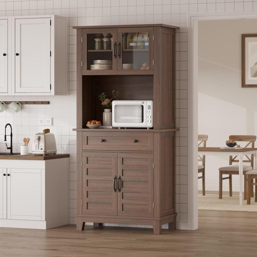 image:imageGarvee Kitchen Pantry 72 in Farmhouse Coffee Bar Table with Storage Drawers amp Glass Doors Stand Cabinet for Kitchen Dining Room BlackDark Brown