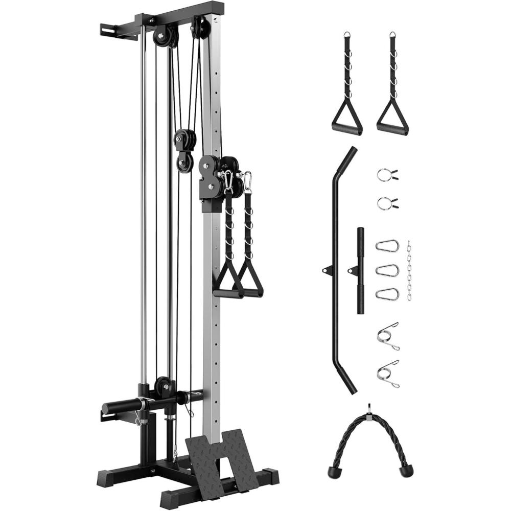 image:imageGarvee Wall Mount Cable Station LAT Pulldown Machines with 19 Positions Dual Pulley System Cable Crossover Machine with Adjustable Footplate TBar and More Attachments Workout Equipment Home Gym